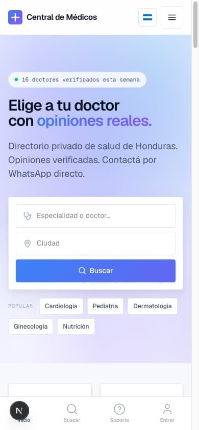 Inicio de Central de Médicos con el buscador de especialidades y ciudades