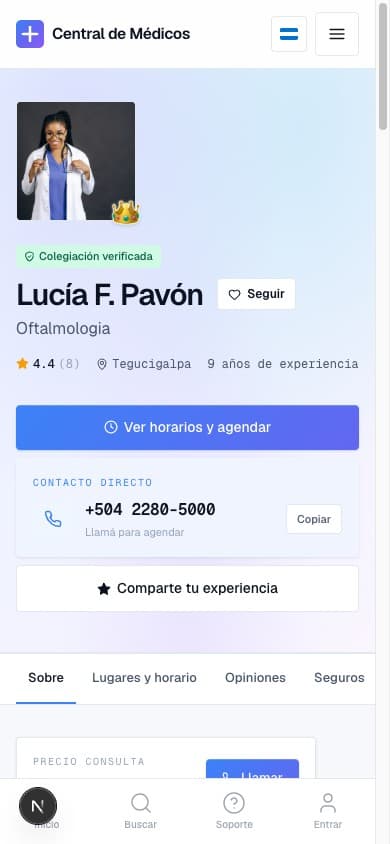 Perfil de una doctora con sus sedes, horarios y opiniones de pacientes